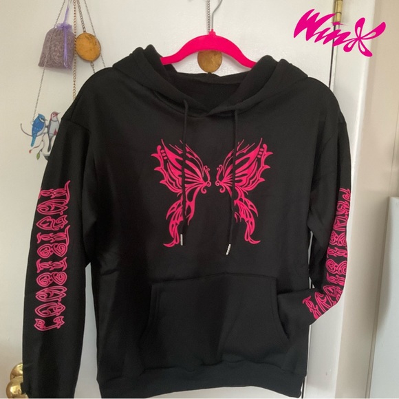 Winx Club Hoodie Fairy Wing Sweatshirt Butterfly Fairycore Vibes Black Pink Hood - Picture 1 of 10